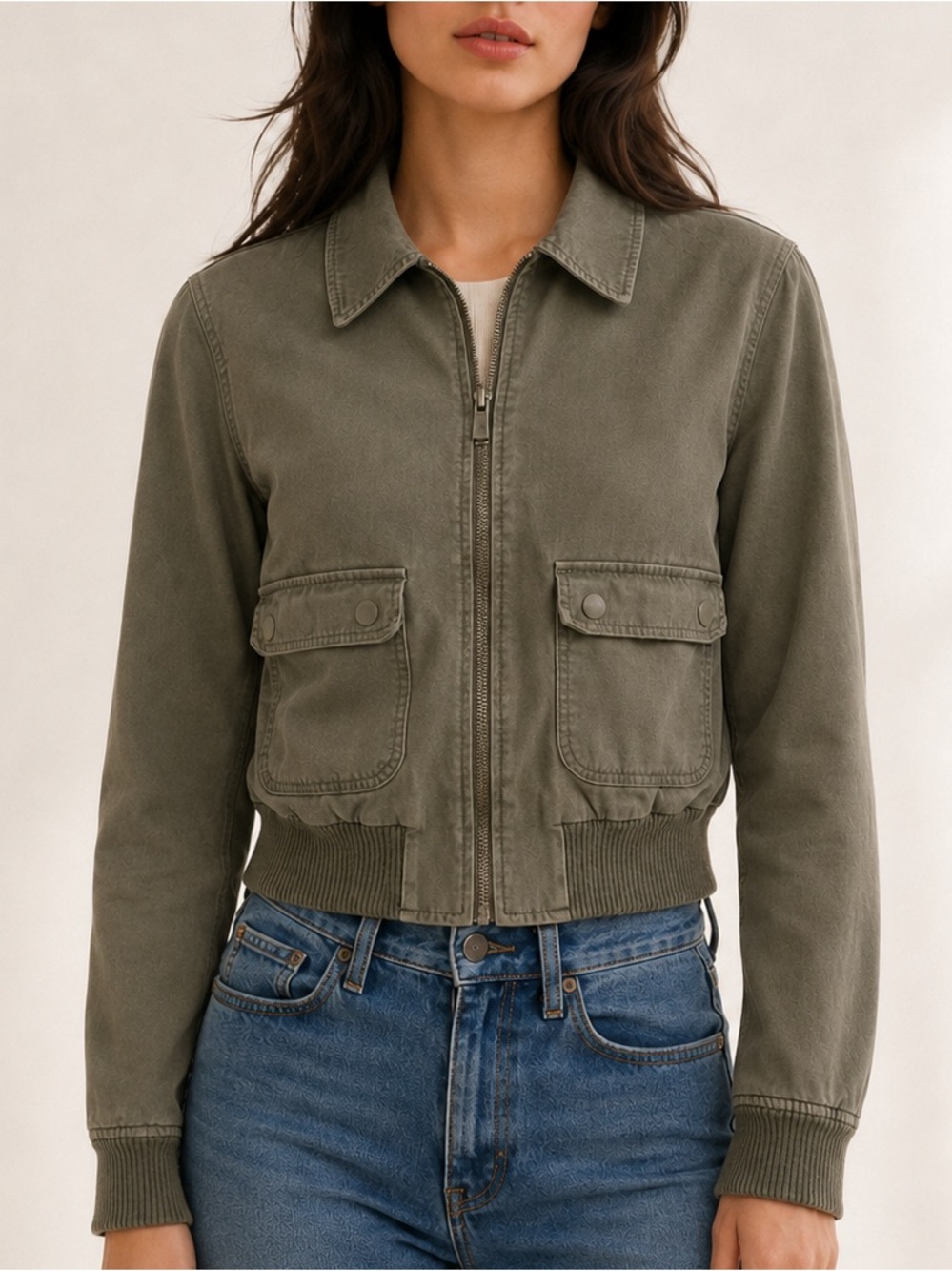 Sunday Best Olive Green Cargo Cropped Bomber Jacket (Size S)